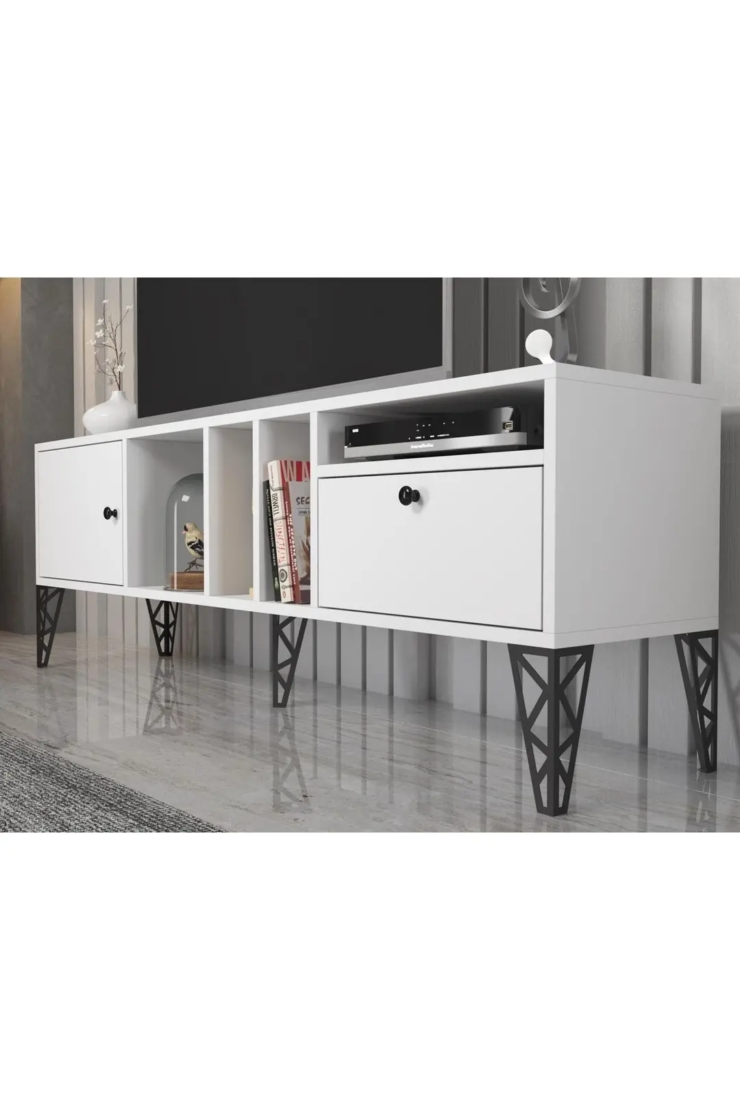 Cercei 160 Cm Metal Ayaklı Tv Ünitesi - Beyaz / Siyah